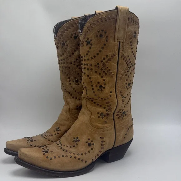 Caborca tan yellow tint western boots size 9 cowgirl studded - Picture 5 of 8